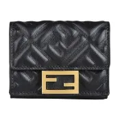FENDI Micro金屬雙F LOGO浮雕設計小羊皮3卡釦式三折零錢短夾(黑)