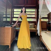 【爆款】夏季法式多巴胺度假風黃色吊帶洋裝女夏季海邊性感露背氛圍感長裙子 RKJ3