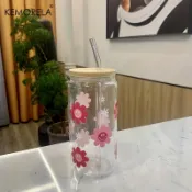 KEMORELA  極簡印花pinksmile花玻璃罐套裝可樂杯透明耐高溫水杯夏季印花飲用咖啡杯酒牛奶啤酒可樂果汁冷杯