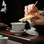 青花釉 里紅茶具套裝 家用整套蓋碗 三才碗泡茶碗 茶具茶杯 蓋杯茶備【不二雜貨】