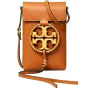 【TORY BURCH】MILLER專櫃款焦糖咖啡皮革圓形LOGO手機斜背包