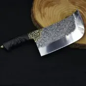 龍泉俠客堂斬切刀 騰龍手工刀 圓頭錘紋烏木雕刻柄家用菜刀 易磨鋒利【行運賣場】