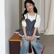 大女童短袖牛仔褲渡假兒童夏裝130-170碼大童休閒服兒童休閒牛仔長褲女童假兩件短袖T恤夏季大童夏裝休閒吊帶上衣牛仔褲