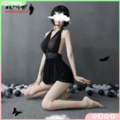 私密出貨🍓 歐美女式深V性感露背雙層網紗透視誘惑掛脖睡裙家居服995