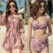 海島渡假比基尼三件組bikini鋼圈胸罩集中泳衣溫泉泳裝