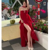 【五折熱賣】法式度假風紅色抹胸露背掛脖洋裝夏季氣質性感荷葉超仙開叉長裙