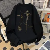 ✨{秋冬百搭}-日系簡約✨~秋冬長袖t恤男女個性銀河系列日月星光圖案印花寬鬆學院風上衣