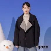 【gozo】➤羊毛雙色大翻領連帽外套(黑色/淺卡其_F) | 女裝 翻領 保暖