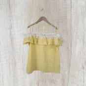 *♡*正韓a-BOLL/淺黃白格紋/上肩透膚網紗挖肩釘珠上衣/S-M/近新/二手《Anna的百寶箱》