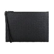 BV BOTTEGA VENETA 寶緹嘉 編織LOGO設計羊皮拉鍊手拿包(黑)