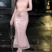 【五折熱賣】粉色白色亮片半身裙女氣質高腰小眾設計感性感包臀魚尾裙