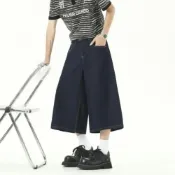 (店+)牛仔短褲男七分褲水洗美式復古運動鬼洗男生寬鬆薄大尺碼彎刀牛仔褲闊腿褲涼感牛仔褲情侶刷破低腰男女款牛仔寬褲下著男裝登山褲休閒褲褲子
