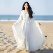 【V領燈籠袖仙女洋裝】海邊度假洋裝 甜美減齡連衣裙 韓系裙裝 沙灘裙 高級感雪紡長款裙子 白色連身裙 洋裝連身裙 渡假洋