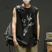 少感時尚無袖體恤衫水墨竹子印花新中式潮流上衣背心男女裝 大尺碼 寬鬆上衣 棉麻背心 坎肩 無袖背心 薄款透氣 涼感背心