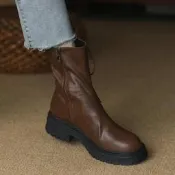 圓厚底短靴女低根2025粘心寬秋冬真皮靴子中根英倫風馬丁靴愛上走路
