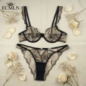 ECMLN 女士法式蕾絲鏤空文胸內褲套裝全網眼透明鋼圈超薄無襯裡性感內衣套裝
