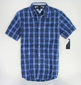 美國百分百【全新真品】Tommy Hilfiger 春夏 寶藍 亮色 格紋 男生 質感 短袖襯衫 上衣 S號 TH
