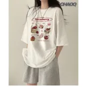 心動指數100% 短袖 韓國短袖 草莓蛋糕 印花 T恤 韓國 t恤 白色衣服 少女衣服 多巴胺 韓版衣服 春天上衣 夏裝