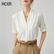 小茉莉 韓國 東大門 ✨ ins米蘭 上衣 襯衫 小紅書輕奢緞面V領短袖白色襯衫女夏小香風設計感休閒通勤職業正裝上衣