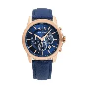 【A|X Armani Exchange】玫瑰金框 藍面 三眼計時 藍色皮革 手錶 男錶 42mm 情人節(AX1723)