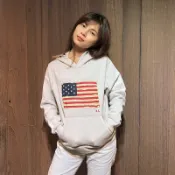 美國百分百【全新真品】Ralph Lauren RL 連帽T恤 帽T 長袖 POLO 國旗 做舊 女 米灰 AR46