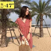 歐美名媛感時尚花紋木耳邊V領拼接連袖長上衣(紅M-3L) 眼圈熊 中大尺碼 U562