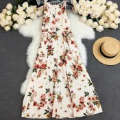 【歐美印花無袖大擺洋裝】夏季長款女裙 長版洋裝 無袖洋裝 裙 歐美洋裝 夏季洋裝 無袖長裙 大擺裙 女裝