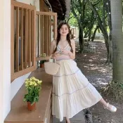 【AS 梨卡】女裝 度假洋裝 V領沙灘裙 民族風 吊帶洋裝 細肩連身裙 洋裝現貨 白色長洋裝 海邊 GA107