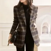 (店+)【ROCU 若初】英倫風格紋毛呢正肩西裝外套女外套-褐色-38633M-2XL可選