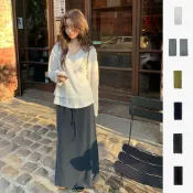 正韓【預購】優雅抽繩素面百搭低腰修身長裙 乳白 橄欖綠 灰 深藍 炭灰 黑 【09.02】東大門-M18284
