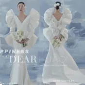 協貿國際日用品生活9館 影樓新款高級感緞面魚尾白紗婚紗照情侶主題大牌禮服寫真攝影服裝