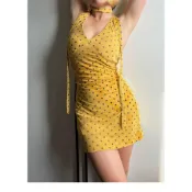 性感深V領波點飄帶短洋裝 辣妹大露背海邊度假迷你A字短裙洋裝 法式V領波點網紗掛脖背心洋裝 小個子黃色無袖寬肩帶短洋裝