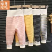 【萌童】0-3歲 兒童刷毛保暖褲 加厚高腰護肚褲 秋冬寶寶休閒條紋衛生褲 嬰幼兒保暖內搭褲 韓版童裝