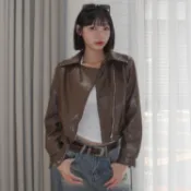 【Aa.chic】復古拉鍊短版皮外套(兩色).女裝/翻領/拉鍊/皮革/外套/短版/復古/穿搭【C161203】