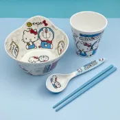 可愛兒童餐具 餐具套裝 哆啦a夢藍胖子兒童碗餐具套餐家用幼兒園吃飯碗防摔可愛飯碗把手 學生餐具 寶寶餐盤