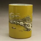 滿300出貨 居仁堂黃釉粉彩雪景筆筒古董仿古瓷器擺件送禮收藏品