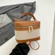 喜挖2店 2025新款韓國高級感圓筒水桶包拼接撞色斜後背包包女ins百搭單肩包