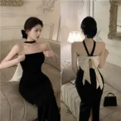 【QC】禮服洋裝 連衣裙 法式長裙 露背一字肩 連衣裙女 夏季黑色長裙 抹胸長裙 別緻蝴蝶結 無袖高級感 中長裙