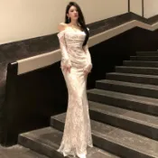 🔥台灣出貨🔥輕奢高端小眾 晚禮服 Ariel 蕾絲禮服 白色魚尾連衣裙  生日party洋裝  聚會禮服   尾牙禮