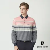 【pierre cardin 皮爾卡登】男款 經典撞色條紋厚長袖POLO衫-粉色 (5255275-65)