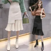 銀聯網日用品生活館 毛呢半身裙女秋冬新款韓版高腰顯瘦包臀裙時尚蕾絲拼接魚尾裙1入