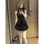 高級輕奢女裝辣妹黑色無袖掛脖西裝馬甲上衣花苞短裙兩件套裝氣質名媛穿搭夏季0512