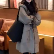 免運 韓國代購 女裝 毛呢外套 大衣 雙麵羊絨 中長款 雙排扣復古氣質休閒中長款夾棉灰色外套女秋冬新款派克服連帽