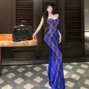 波西米亞旅行度假性感藍色蕾絲吊帶長裙女裝顯瘦無袖露背中長款緊身洋裝