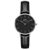 【Daniel Wellington】浪漫雷丁黑色壓紋皮帶石英腕錶-銀框/28mm