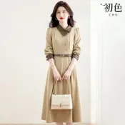 初色 日系小香風收腰排釦翻領長袖A字連衣裙連身洋裝長洋裝-卡其色-16069(M-2XL可選)