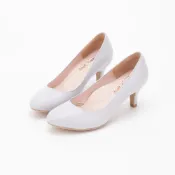(店+)【DREAMS SHOP】氣墊_MIT真皮素面圓頭高跟鞋 淺紫藤 大尺碼女鞋37-44