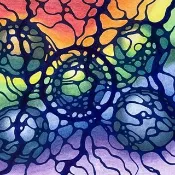 Rainbow in the clouds, inside view. Original hand drawing.