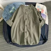 亞麻短袖 男寬松襯衫 男裝中國風夏季棉麻襯衣 男士純色簡約上衣【不二雜貨】