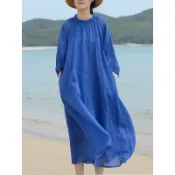 現貨  爆款  女  洋裝  高檔  洋氣  苧麻洋裝女夏袍子佛系禪意復古藝文茶服寬鬆度假長裙大擺